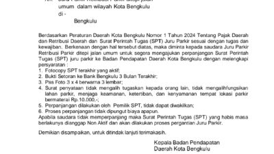 Bapenda Kota Bengkulu Instruksikan Juru Parkir Segera Perpanjang SPT, Ini Syaratnya